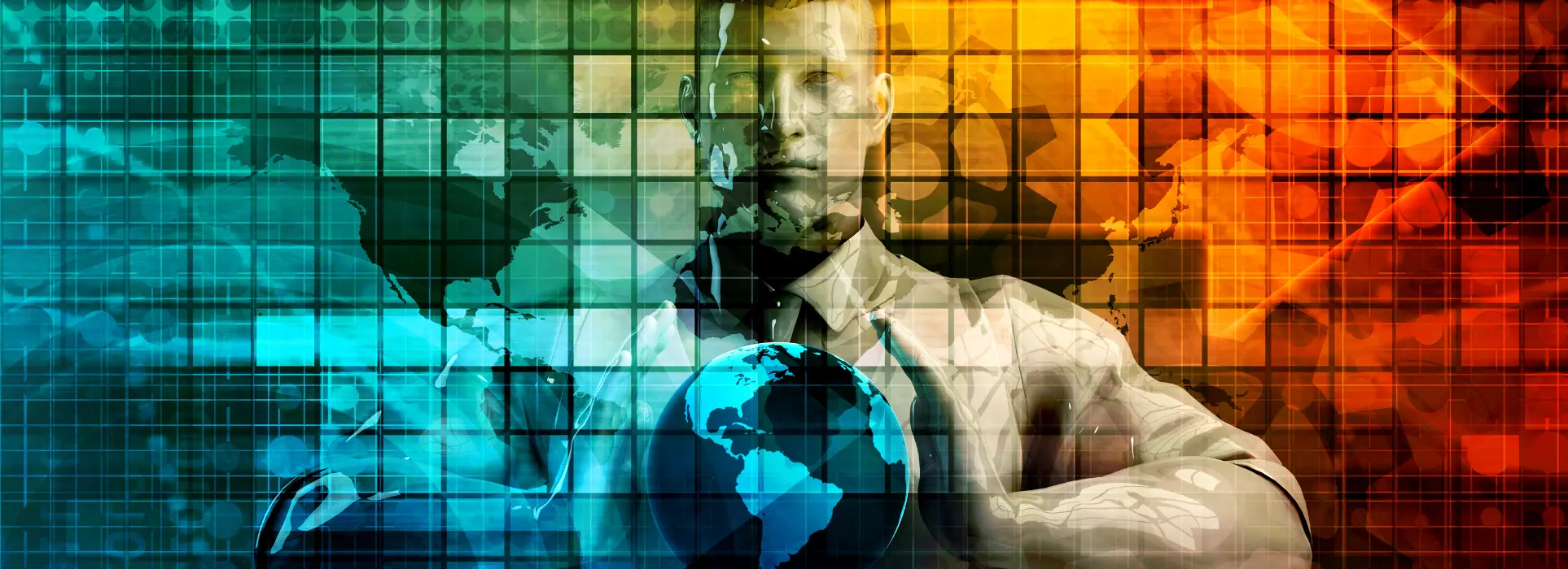 Information Security Image of a man standing with a colorful foreground and a globe