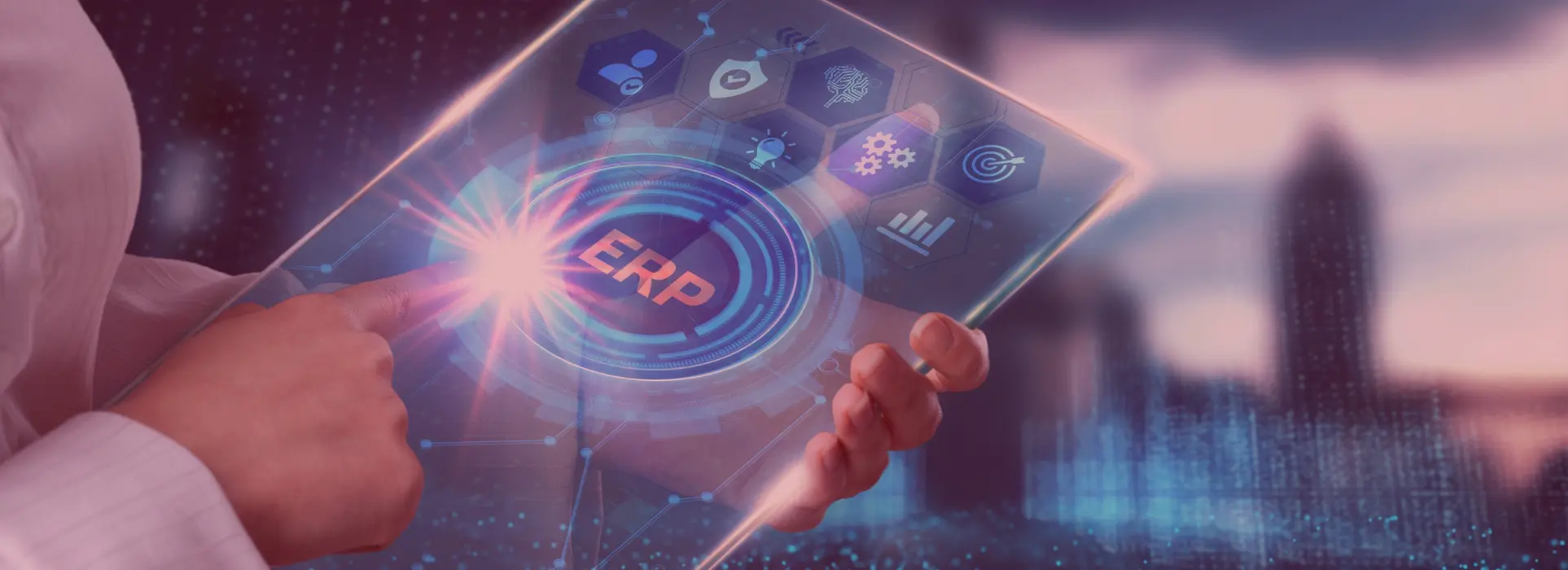 Enterprise Resource Planning Image with a lady pushing a button on a device